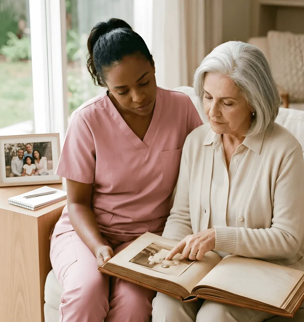 Cuidadora acompanhando idosa com Alzheimer