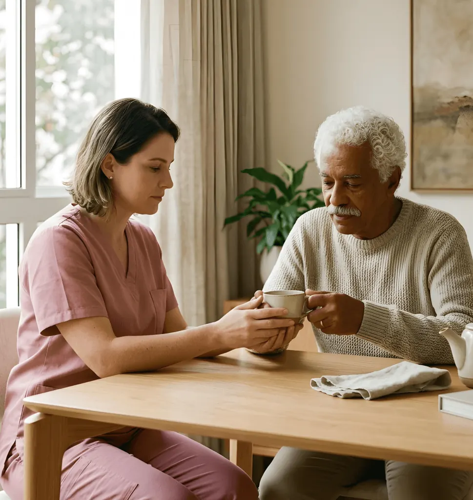 Cuidador auxiliando idoso com Parkinson