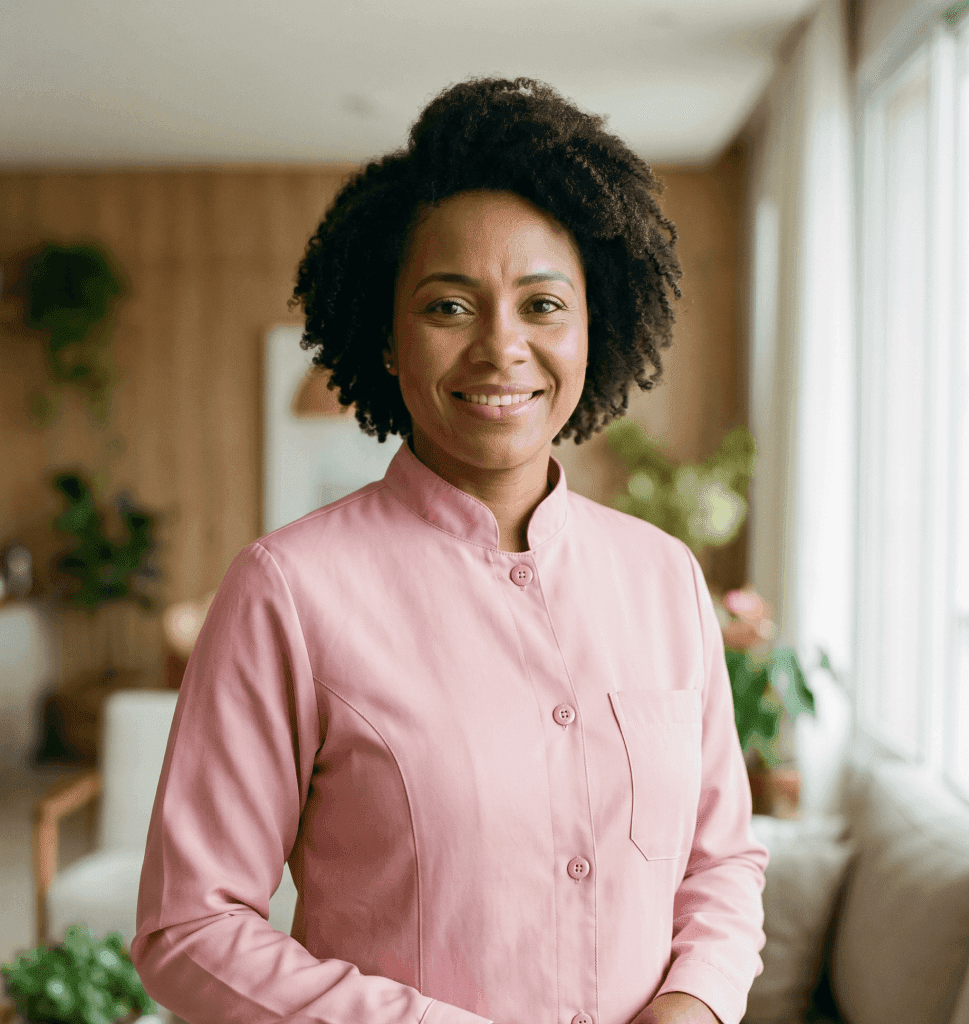 Cuidador sorrindo ao lado de uma idosa