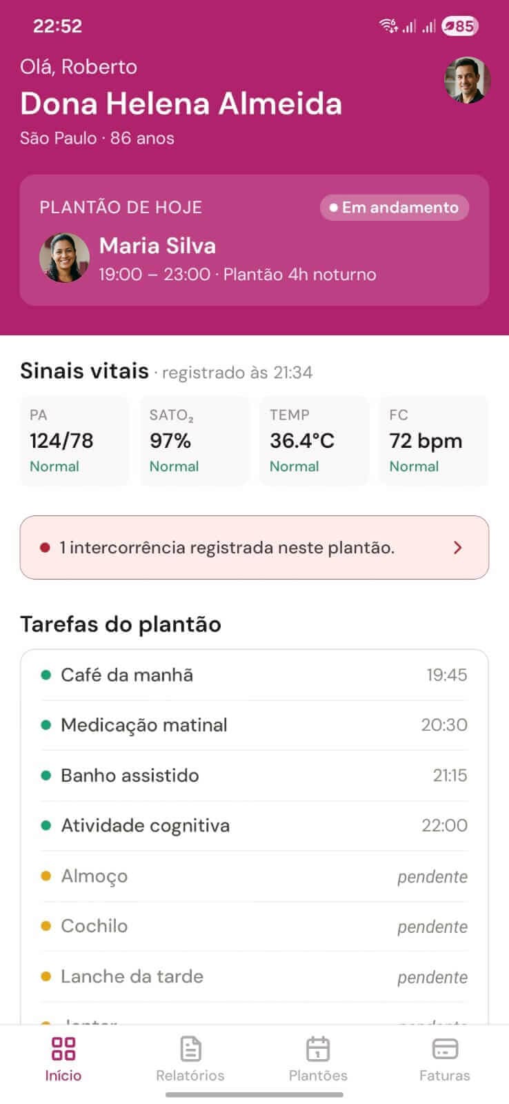 Home do app Clicare mostrando plantão em andamento com Dona Helena