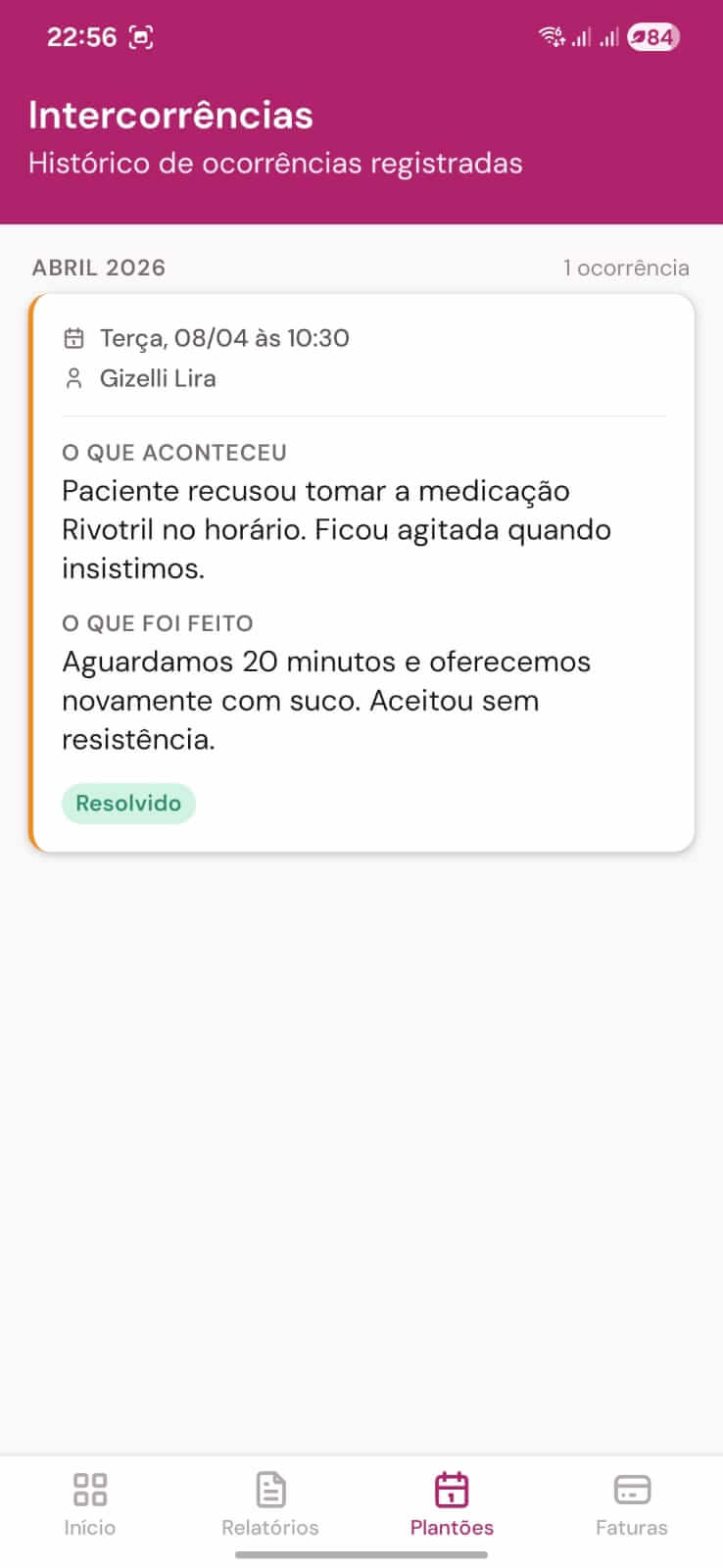 Tela de histórico de intercorrências com descrição e status resolvido