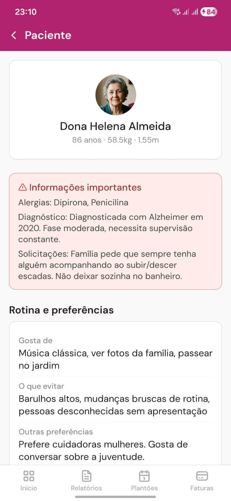 Tela de perfil da Dona Helena com informações importantes e rotina