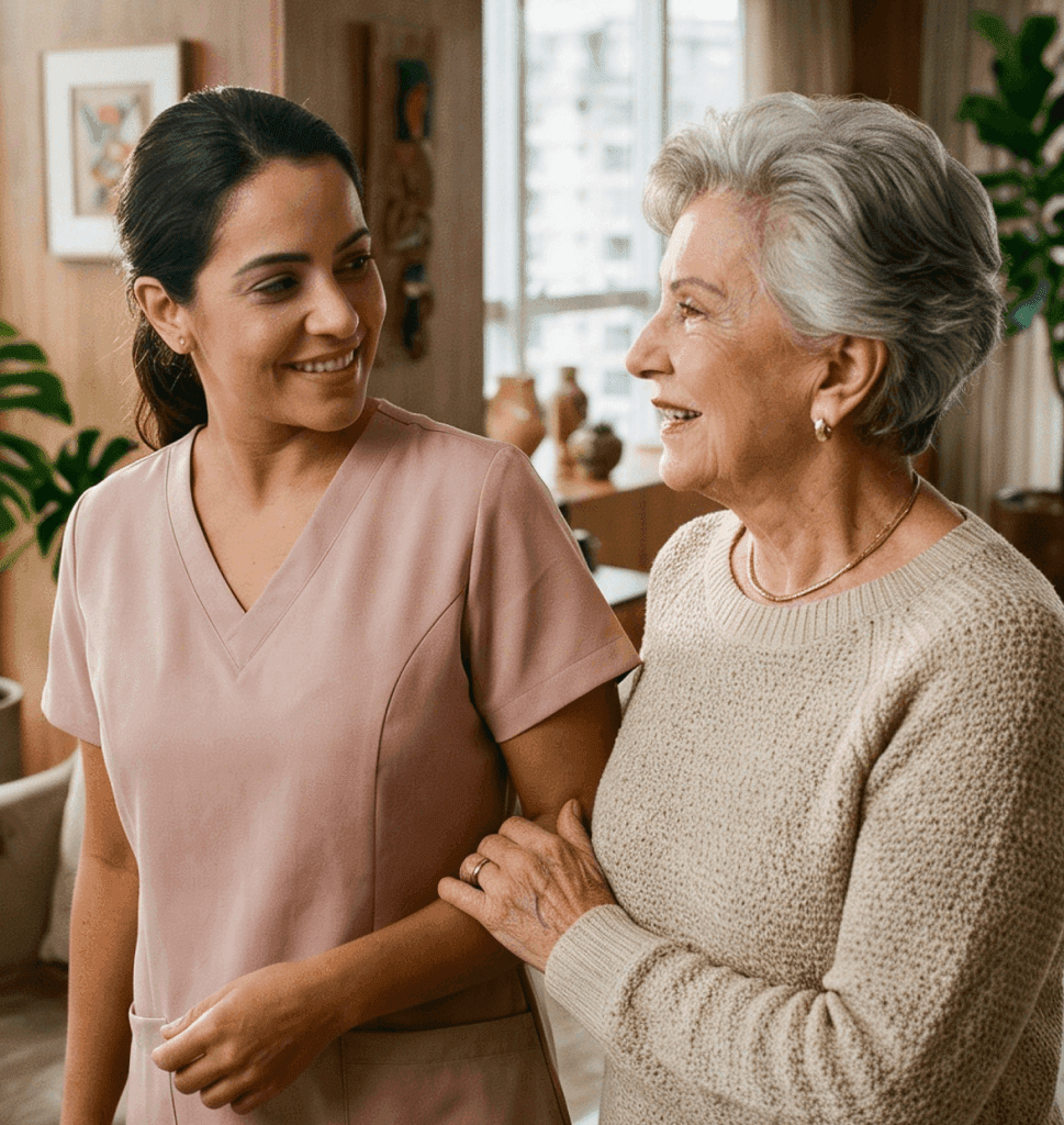 Cuidadora acompanhando idosa em recuperação pós-cirúrgica